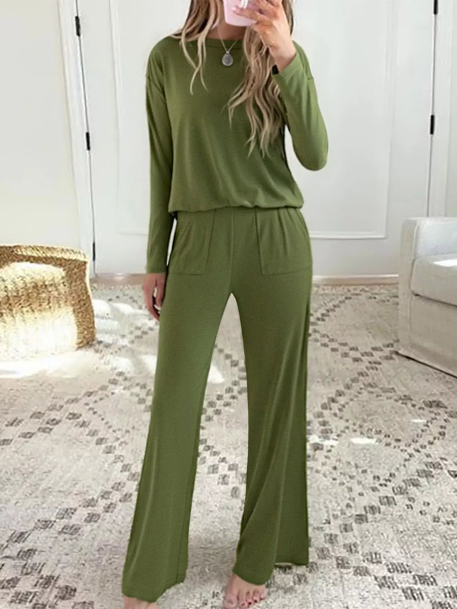 Moss green two-piece loungewear set with long sleeves and wide-leg pants.