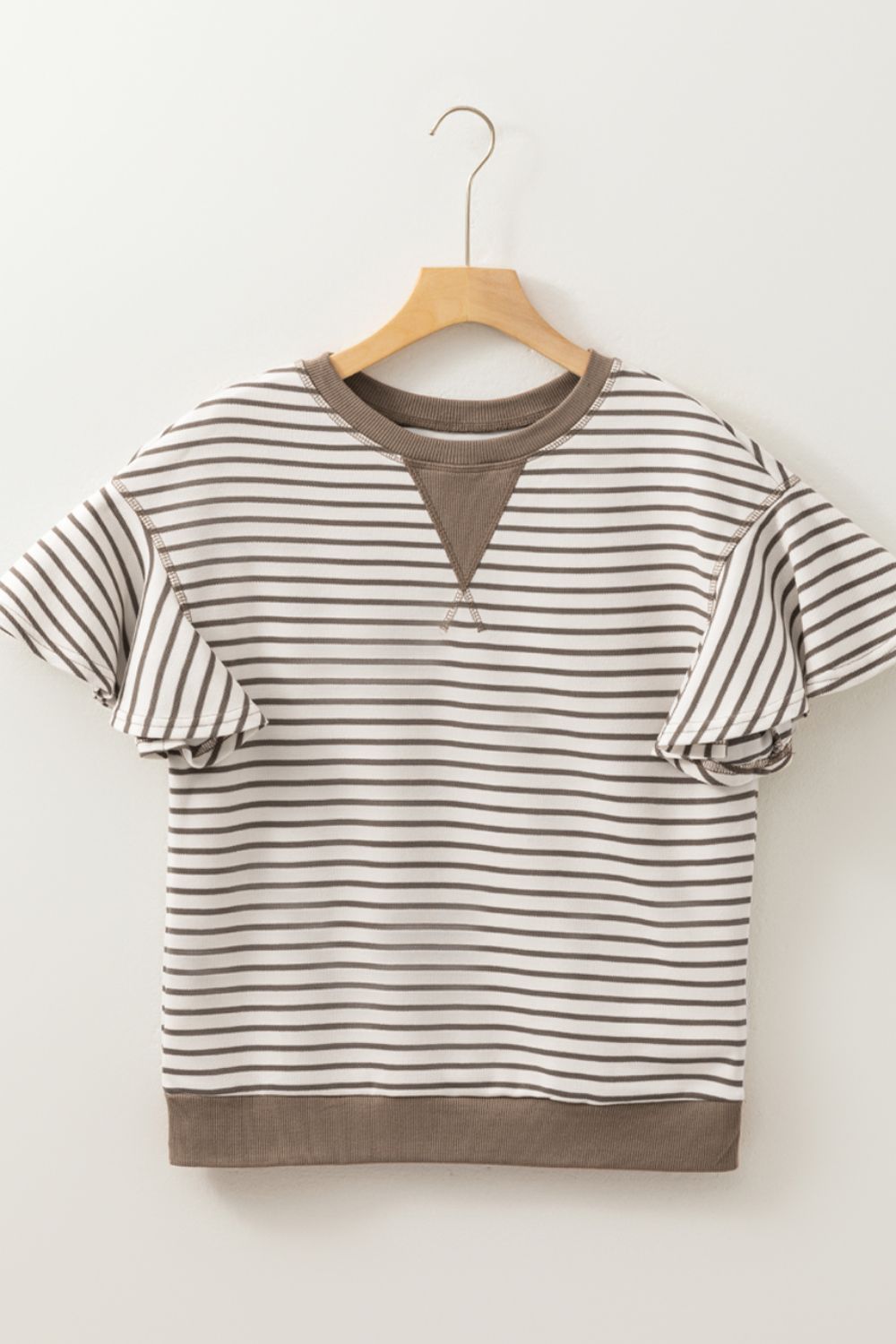 Brown striped tee with contrast neckline and flounce sleeves