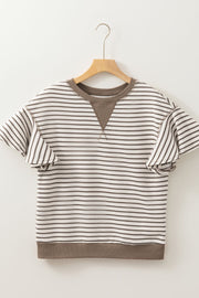 Brown striped tee with contrast neckline and flounce sleeves