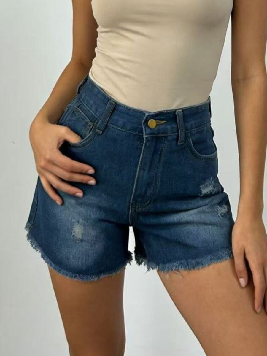 Dark blue denim shorts with frayed hem and distressed details.