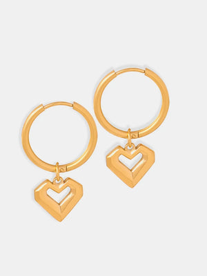 Gold geometric heart hoop earrings with open heart charms
