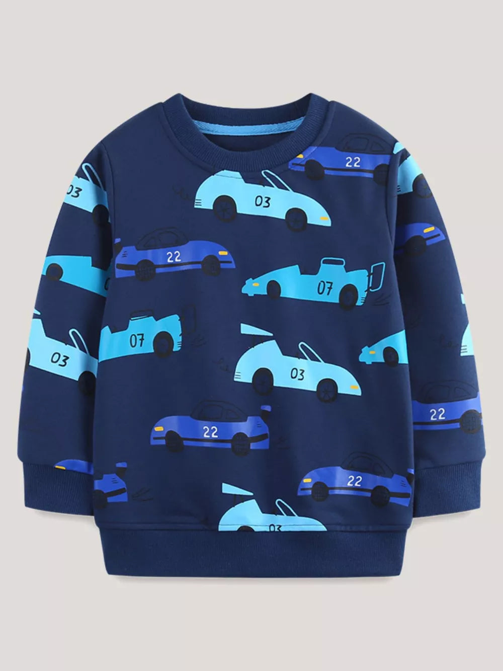 Navy cotton blend crew neck sweatshirt with a racing car print for toddlers.