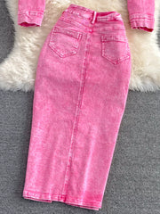 Pink denim two-piece jacket and midi skirt set with button details and back pockets.
