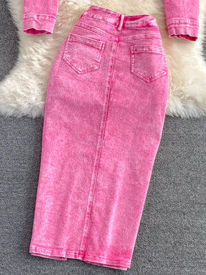 Pink denim two-piece jacket and midi skirt set with button details and back pockets.
