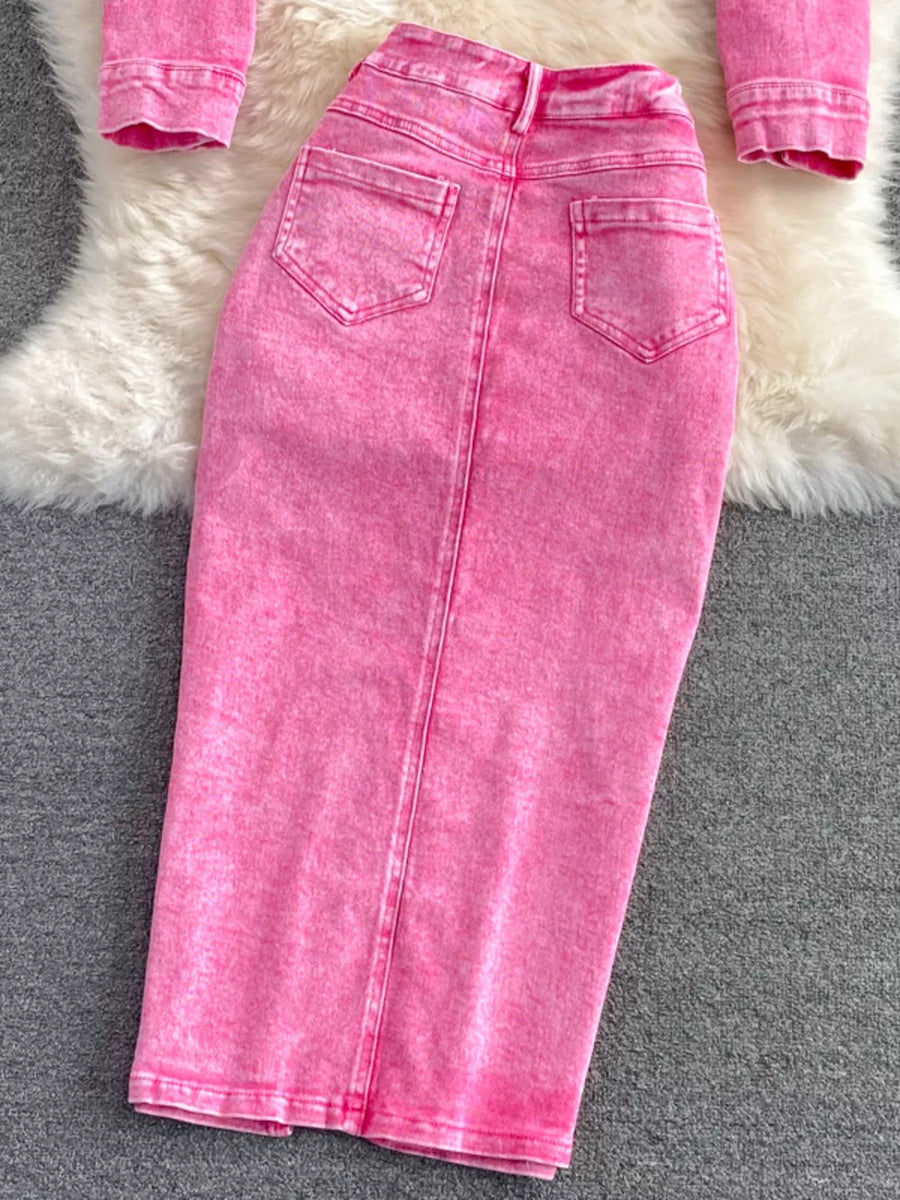 Pink denim two-piece jacket and midi skirt set with button details and back pockets.
