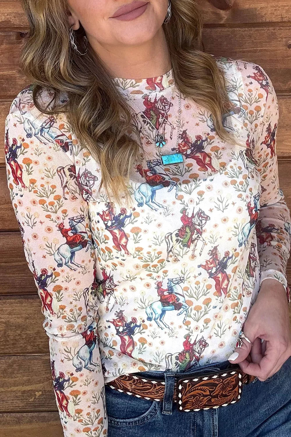 Beige Cowboy Print Mesh Long Sleeve Top