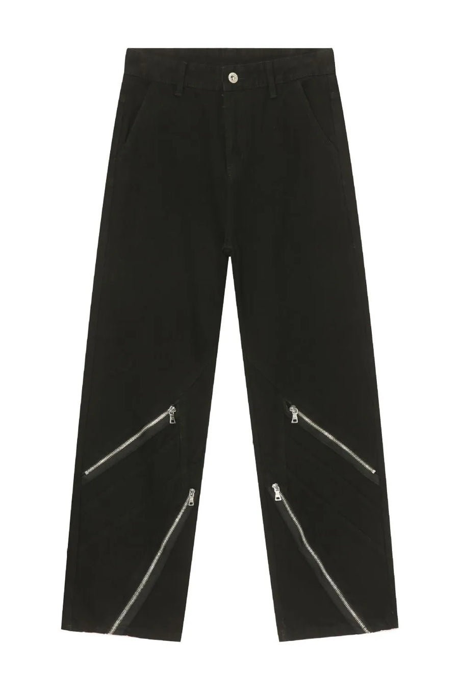 Zipped hem black denim trousers with multiple silver zippers on the lower legs.