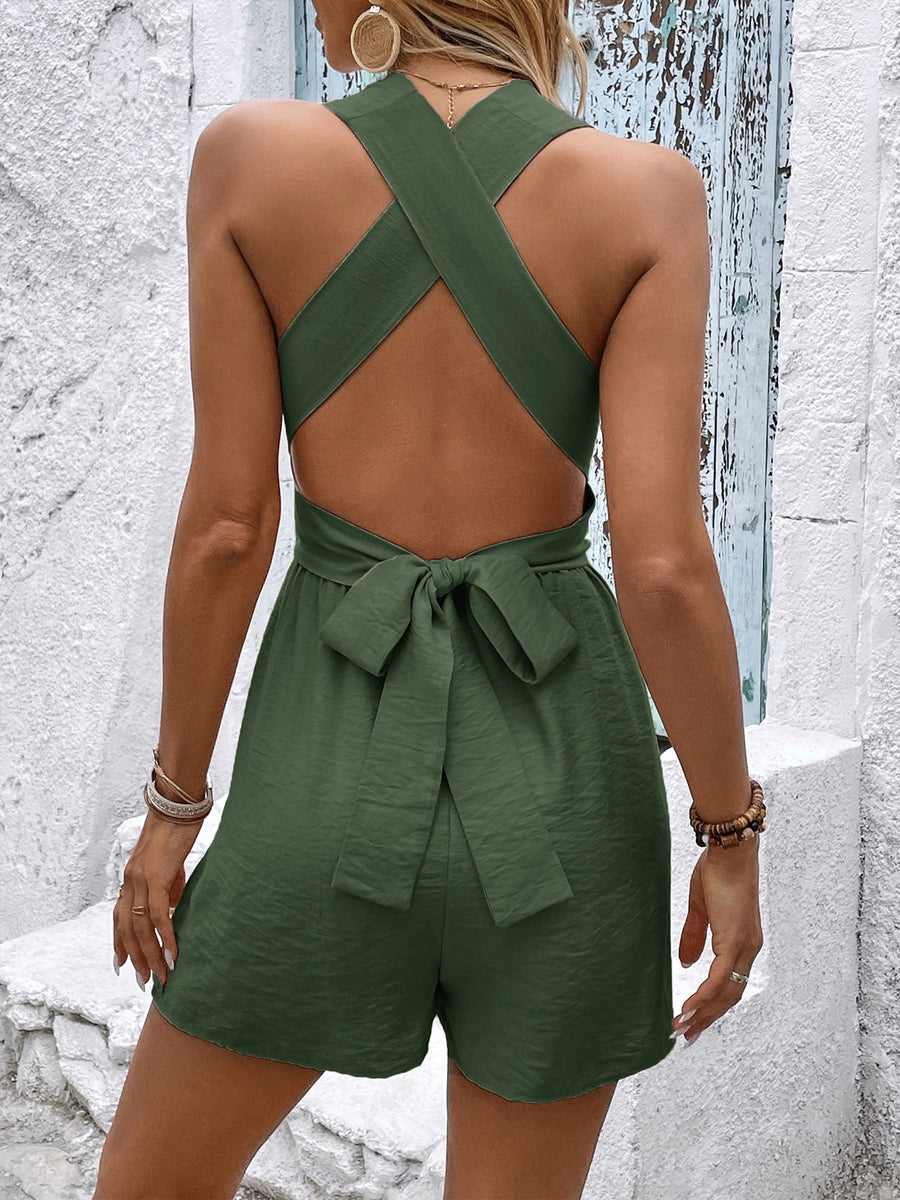 Moss sleeveless romper with crisscross back and tie waist