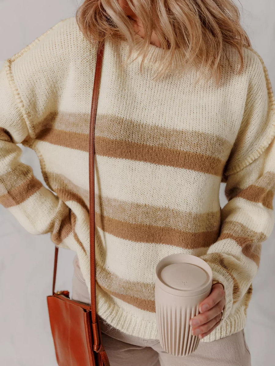 Drop shoulder sweater in ivory with brown stripes, acrylic blend, baggy fit, crew neck.