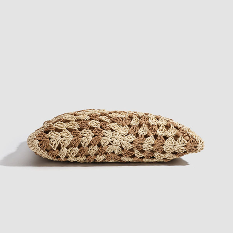 light brown shoulder bag featuring crochet knit and geometric