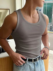 Men's grey ribbed tank top with a crew neck, body-hugging fit.
