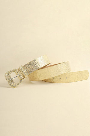 Gold glitter belt with a square buckle and textured finish.