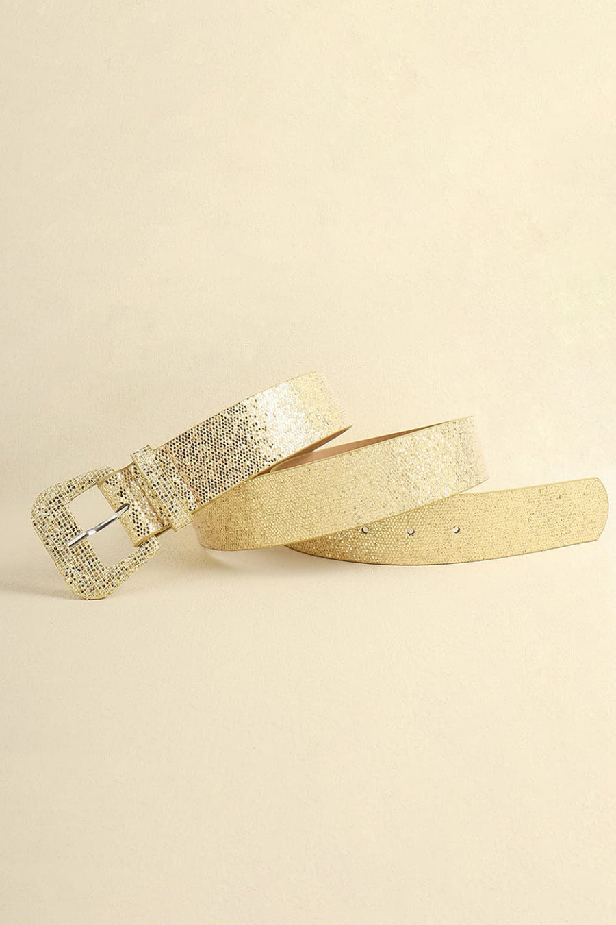 Gold glitter belt with a square buckle and textured finish.