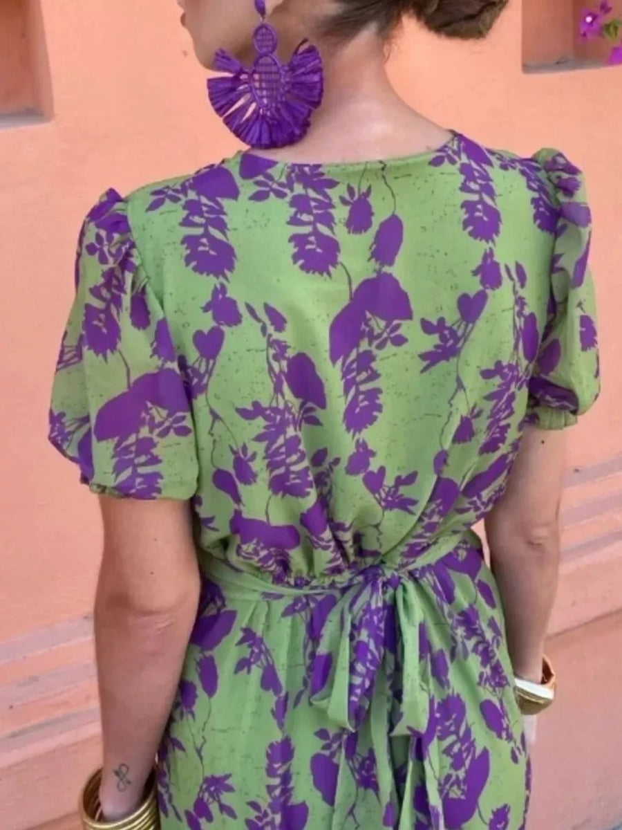 Green V-neck Puff Sleeve Floral Midi Dress Plus Size