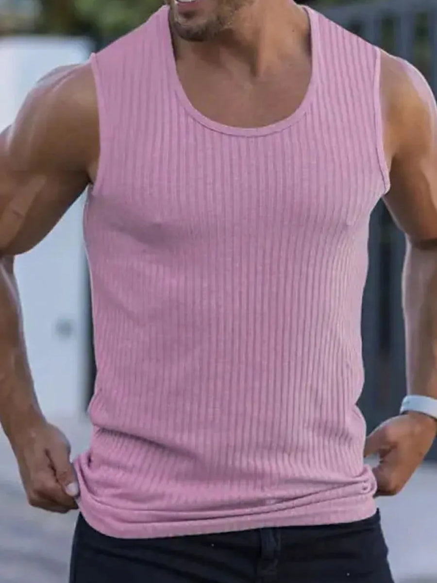 Pink ribbed athletic fit tank top with a scoop neckline.