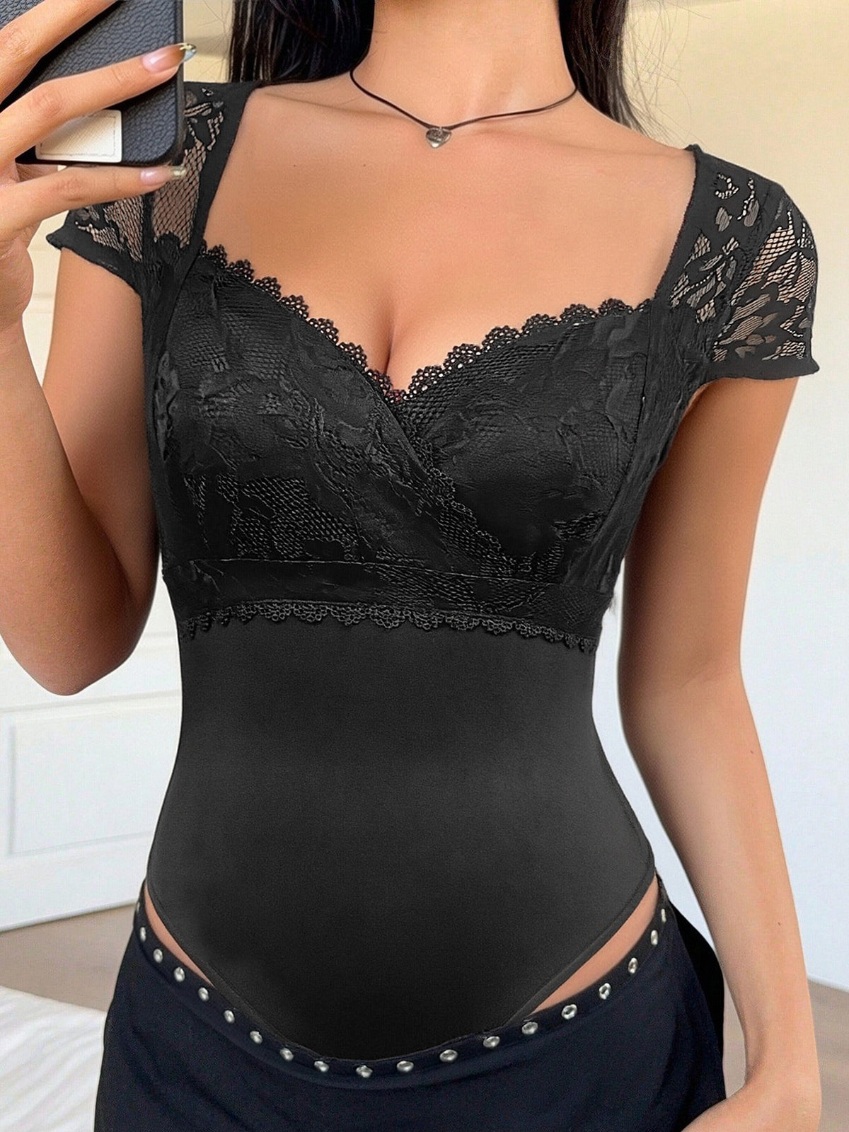 Elegant Lace Sweetheart Neck Bodysuit
