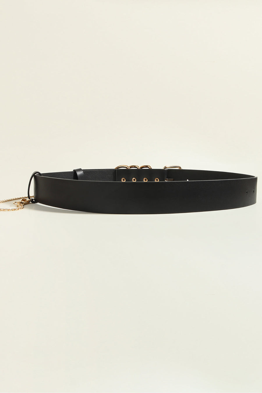 Black PU leather harness belt with gold chain detail and multiple buckles