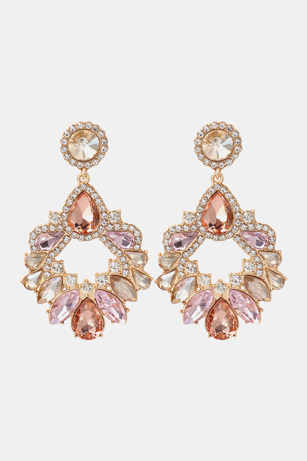 Jeweled chandelier drop earrings in multicolor with faceted stones and gold alloy setting.