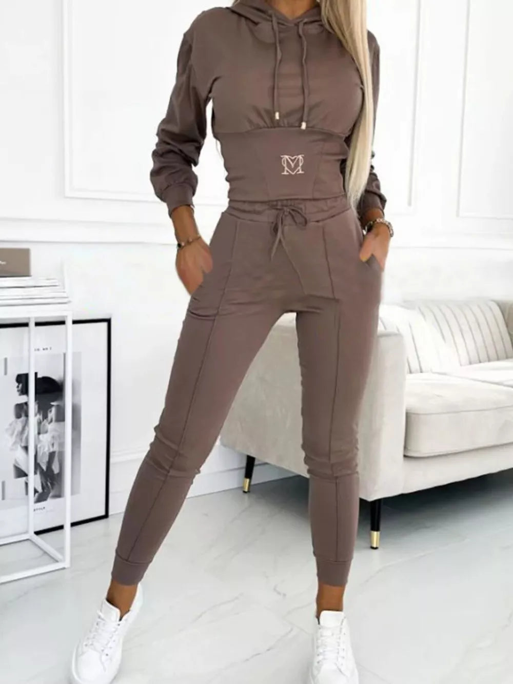 Full Size Drawstring Cropped Hoodie And Pants Set in Apricot