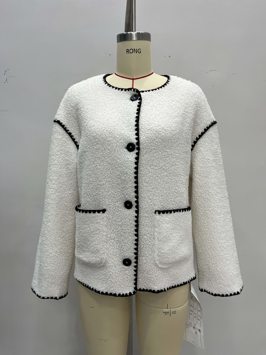 White jacket with hip-length and button-front