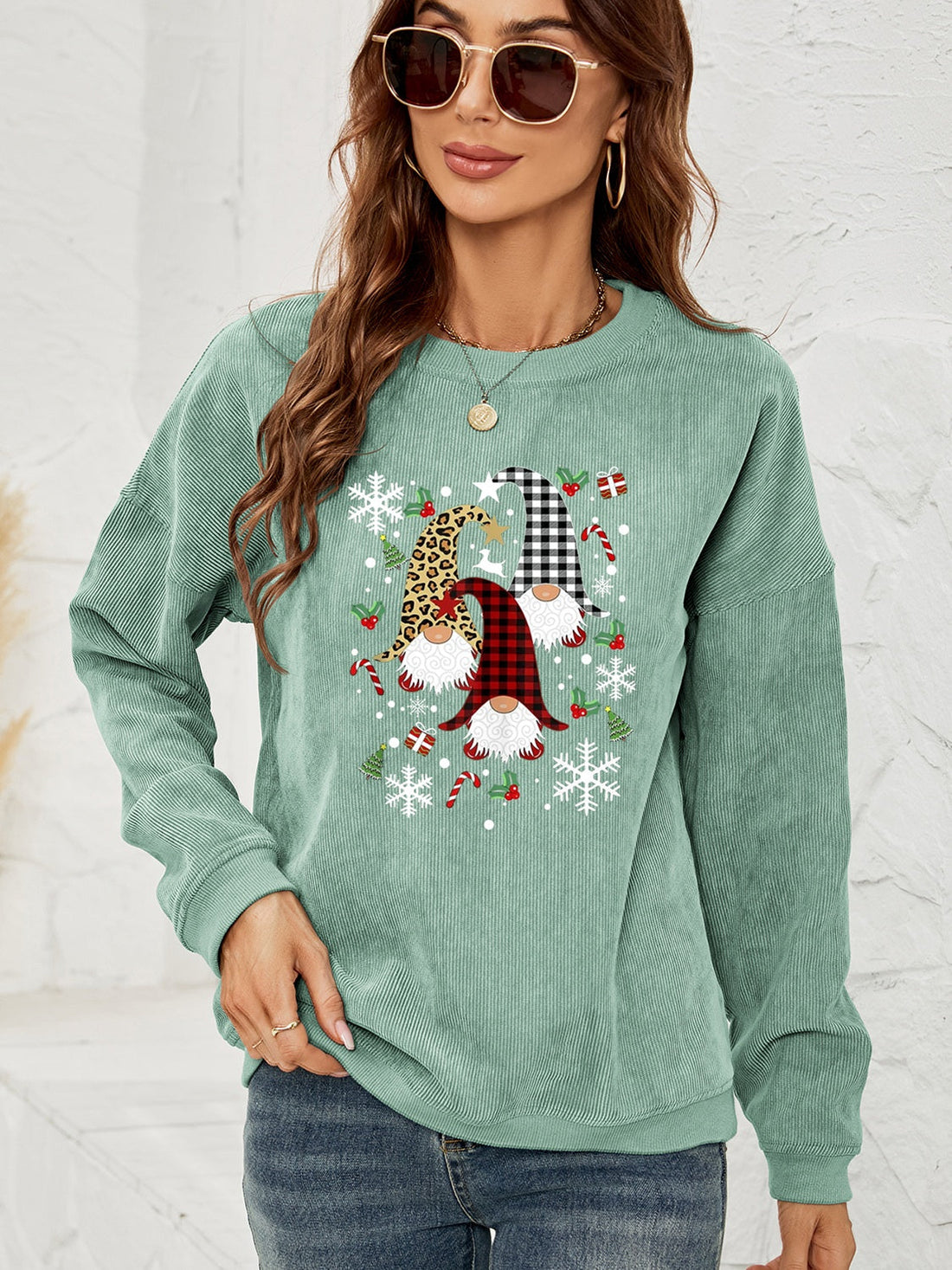Light Green corduroy sweatshirt with gnome graphic, snowflakes, and candy canes.