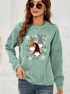 Light Green corduroy sweatshirt with gnome graphic, snowflakes, and candy canes.