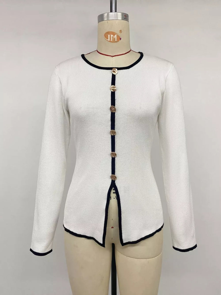 Contrast Trim Button Decor Knit Top in White, view 11