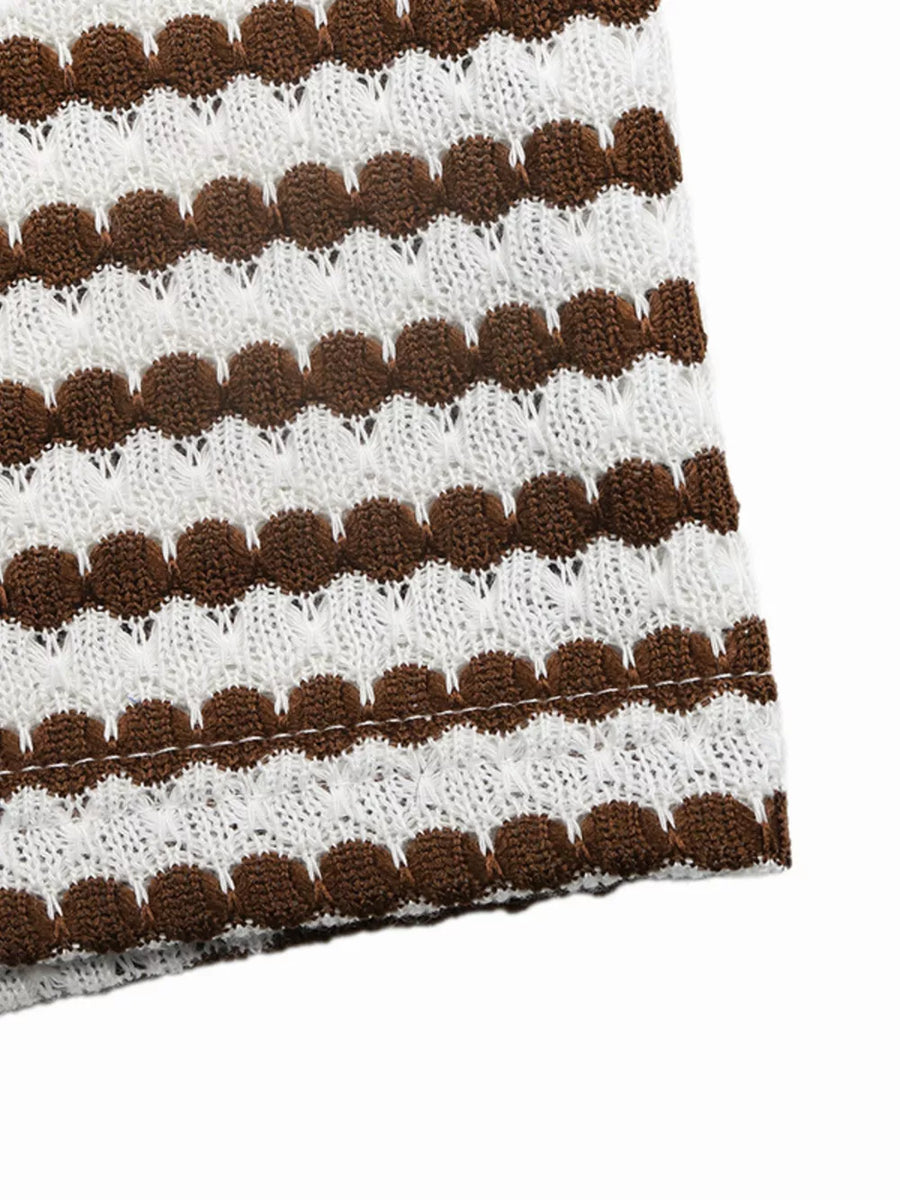 Halter neck bodycon midi dress in brown and white stripe crochet knit fabric.
