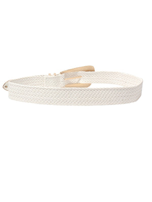White woven raffia belt with gold-tone buckle and detail.