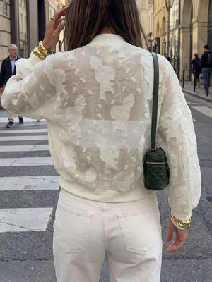 Apricot bomber jacket with waist-length and zip-front
