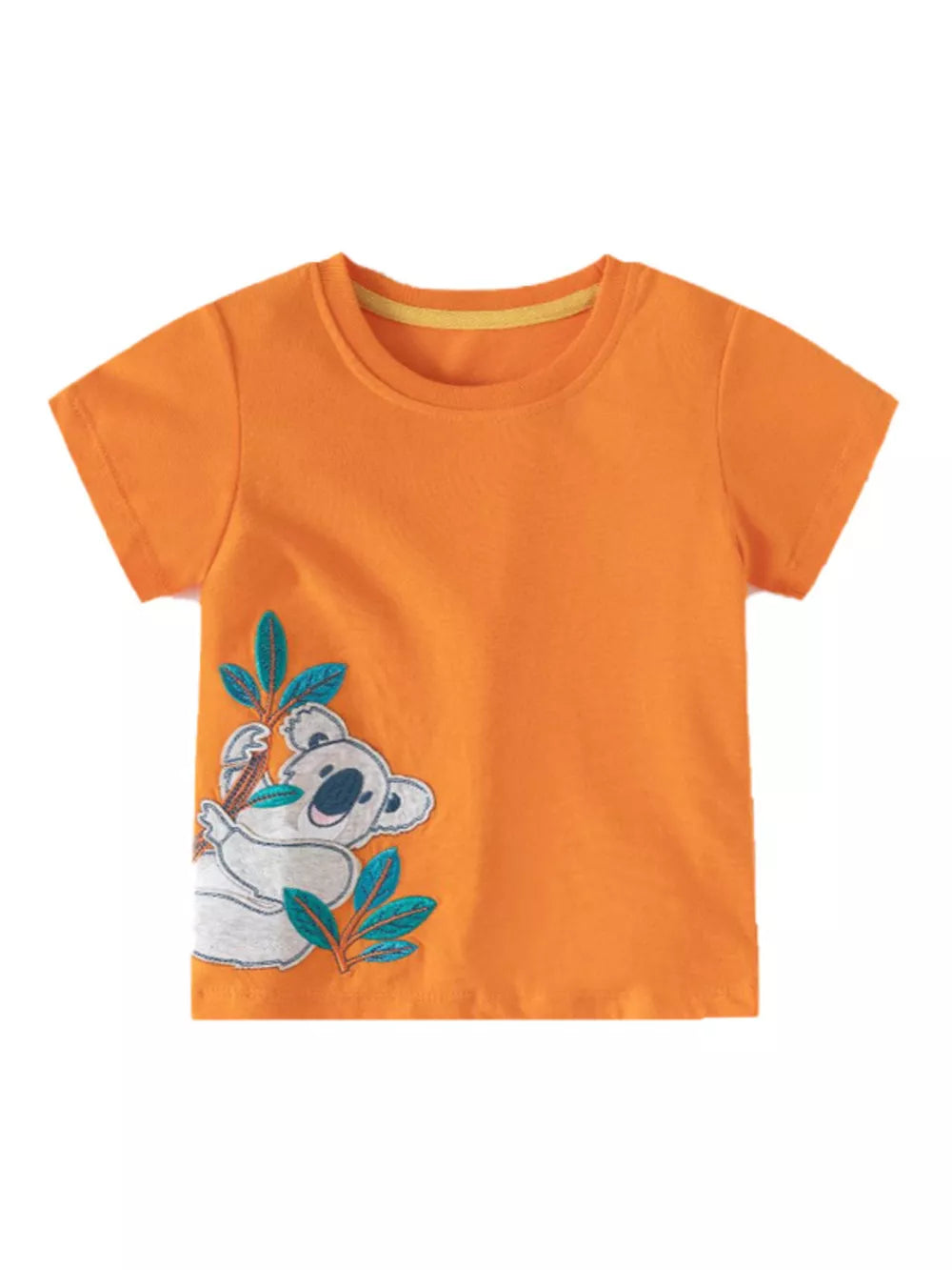 Orange cotton t-shirt with a koala appliqué and blue leaves.