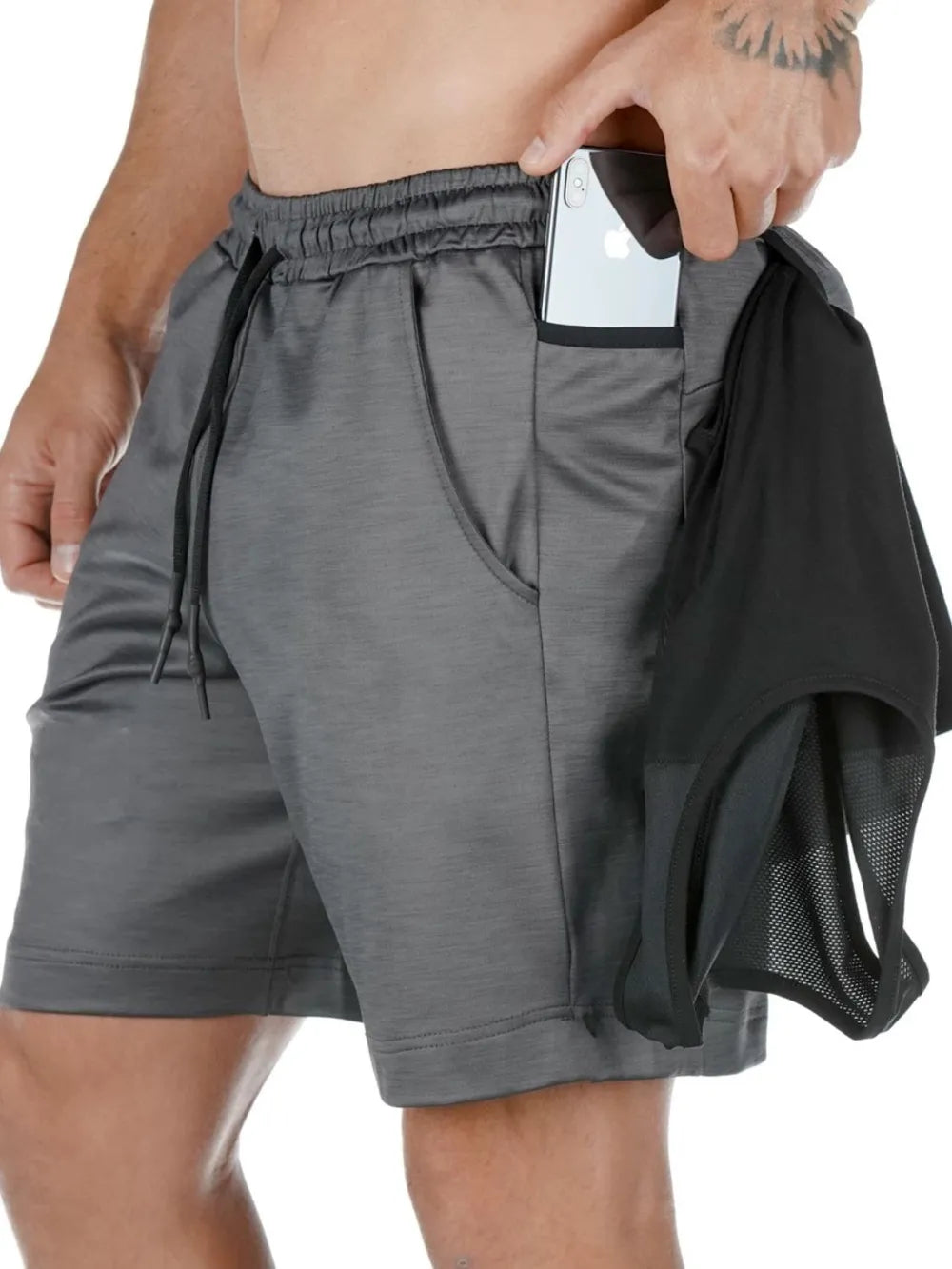 Dark Gray Tech-Knit Cargo Shorts with utility pockets and drawstring waist.