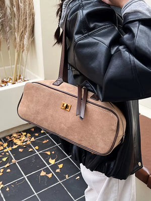 Khaki suede shoulder bag with gold clasp and leather trim