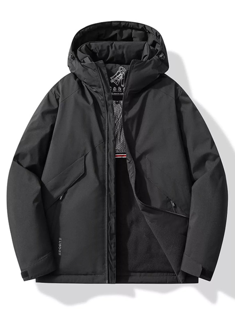 Black hooded windbreaker jacket with zippered pockets and "SPORTS" detail