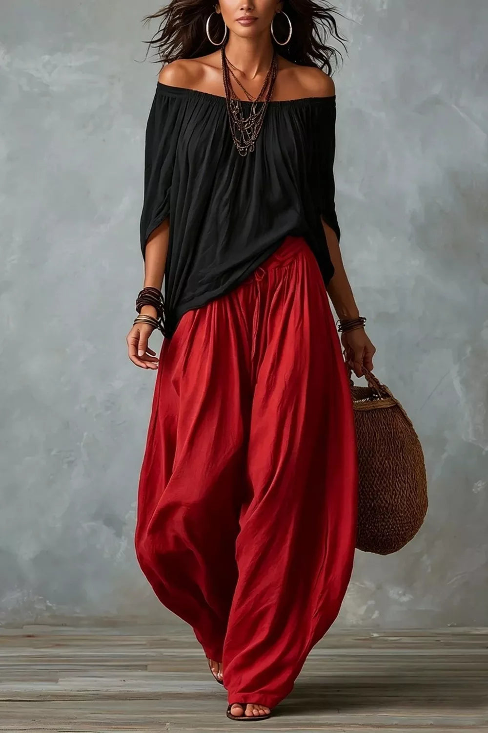 Gray Off-shoulder Top And Wide-leg Pants Set Plus Size
