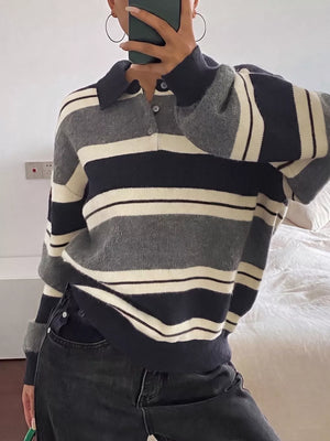 Dark Blue with Striped Long Sleeve Button Detail Sweater