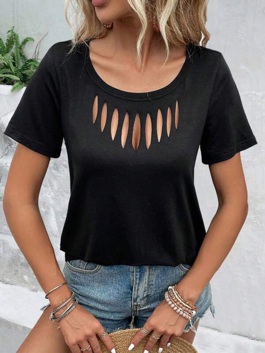 Black short-sleeve t-shirt with a scoop neck featuring a cutout detail.