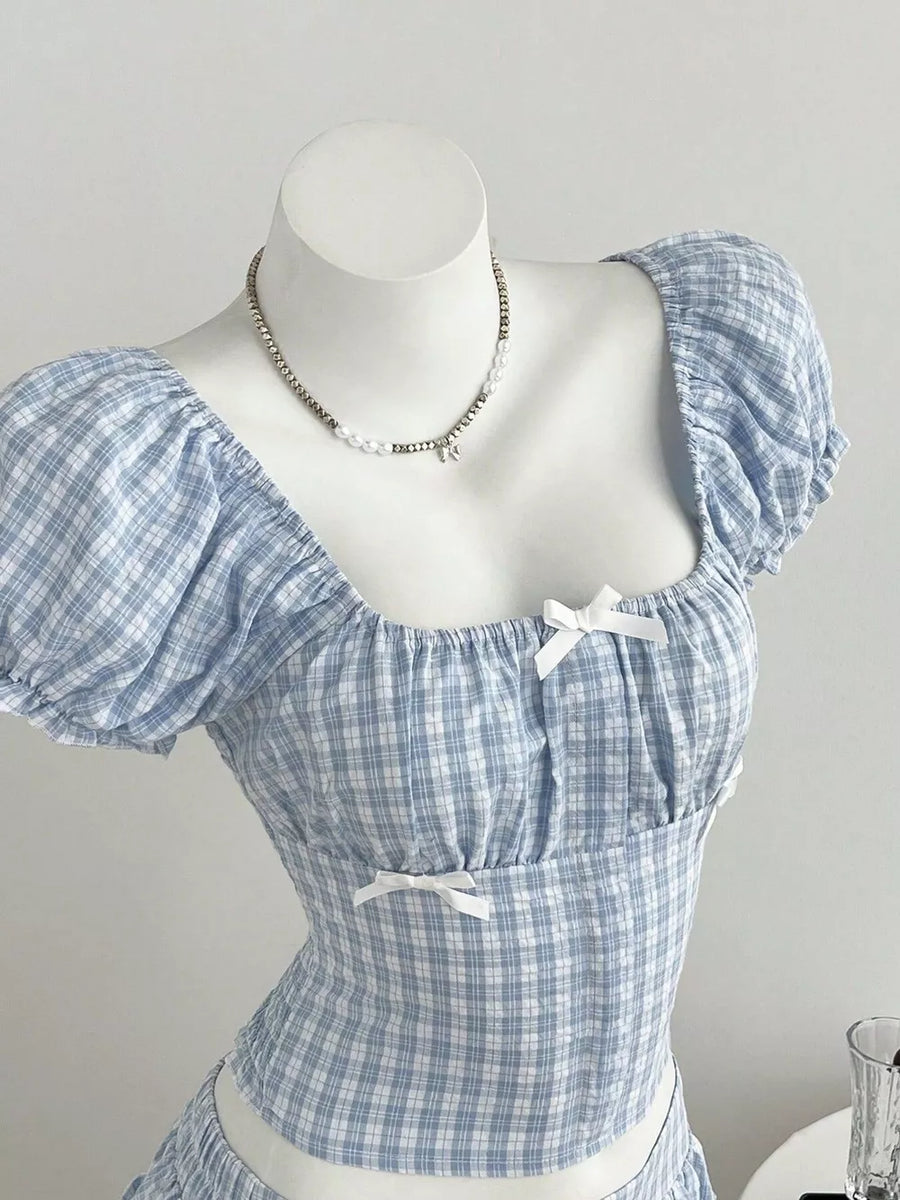 Plaid Puff Sleeve Blouse And Skirt Set in this colorway