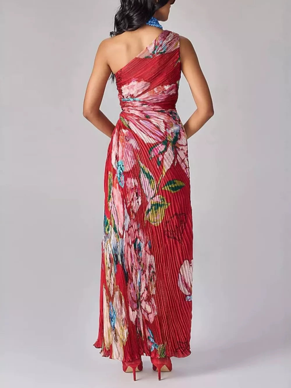 maxi dress in white with floral and ruched