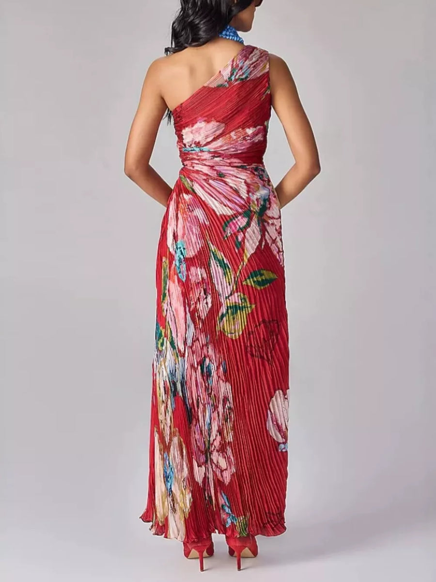 maxi dress in white with floral and ruched