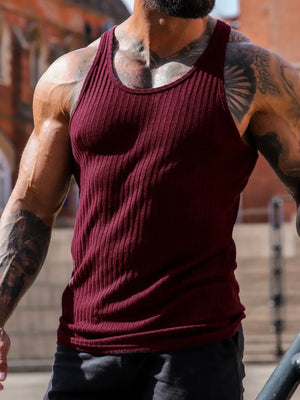 Burgundy ribbed tank top with a sculpted fit and crew neck.