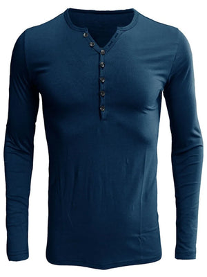 Peacock blue long sleeve henley tee with button placket