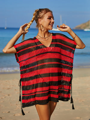 Red and black striped crochet beach cover-up with V-neck, short sleeves, and drawstring sides.