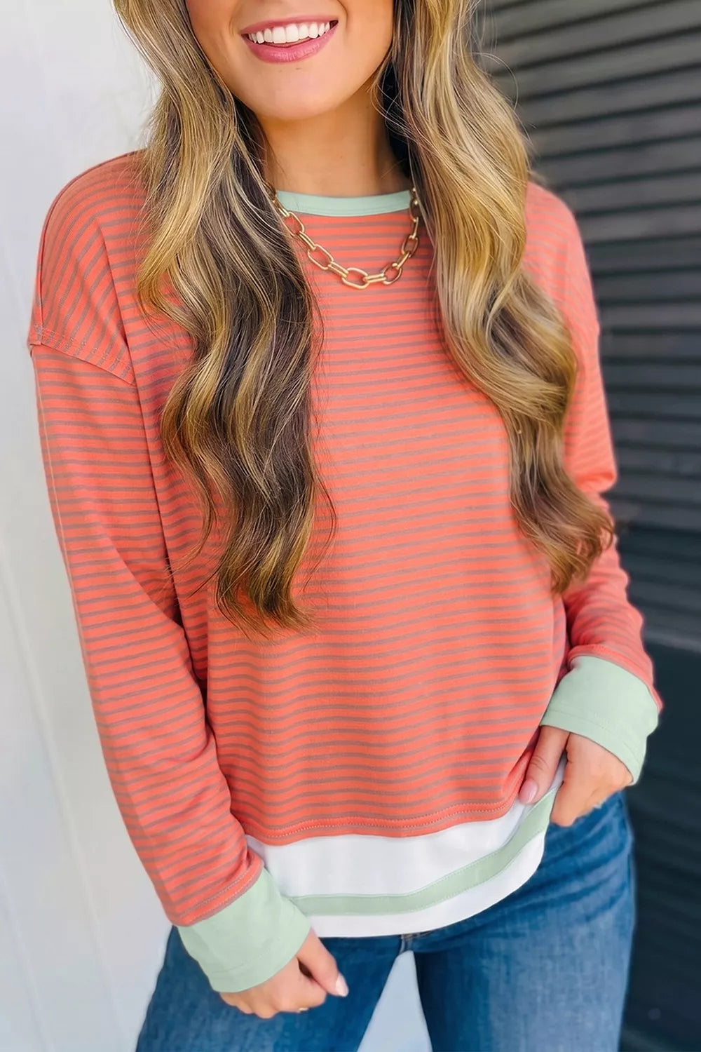 Burnt Coral Stripe Colorblock Raw Seam Long Sleeve Tunic