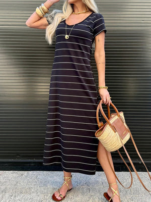 Black and white striped midi t-shirt dress with short sleeves and a v-neck.