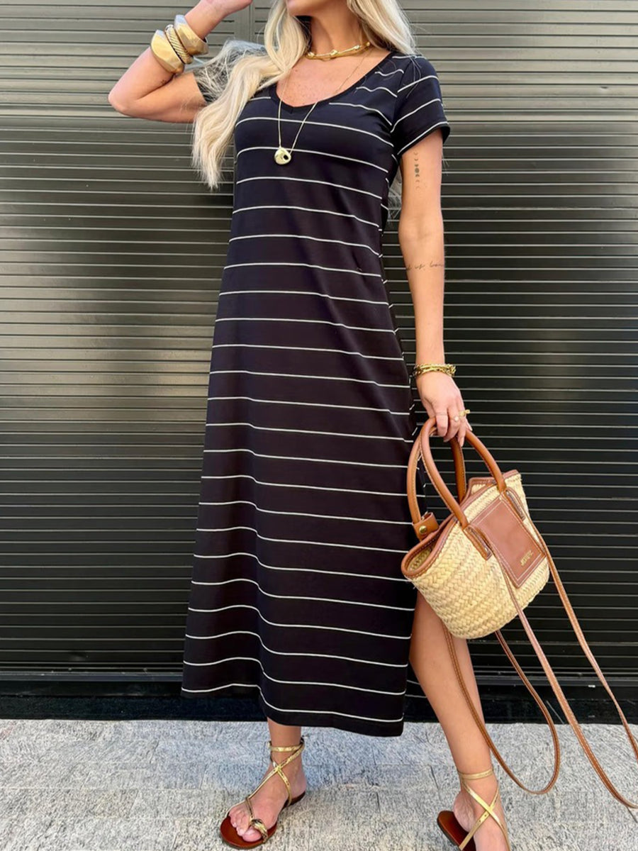 Black and white striped midi t-shirt dress with short sleeves and a v-neck.