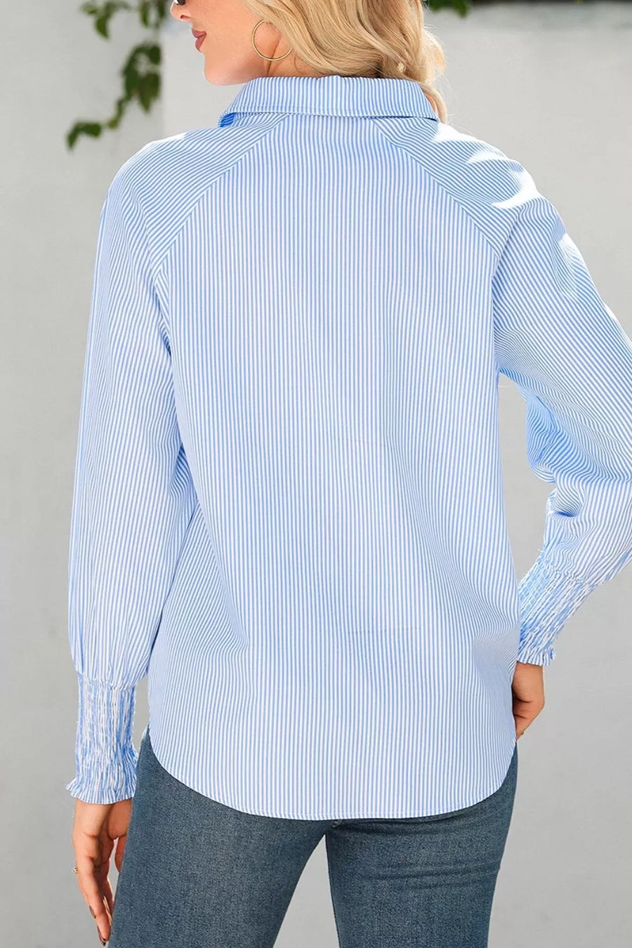 Light Blue with Striped Smocked Sleeve Collared Blouse