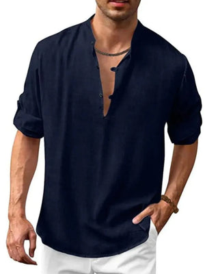 Navy linen henley shirt with mandarin collar and rolled sleeves.