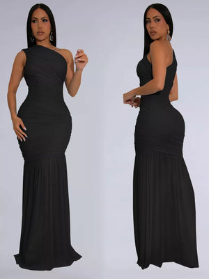 Black ruched one-shoulder bodycon maxi dress with a mermaid hem.