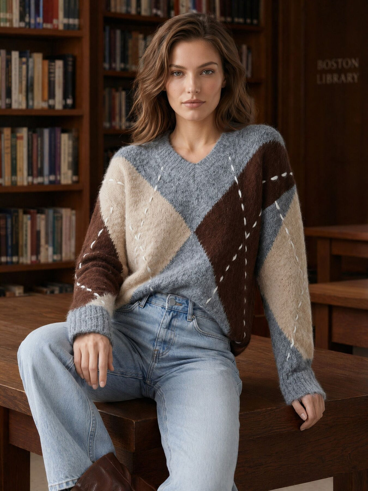 dark brown v-neck sweater with pullover and argyle